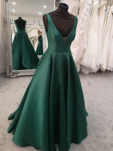 Green Satin V Neck Open Back Long Prom Dresses, V Neck Green Formal Evening Dresses SP2166