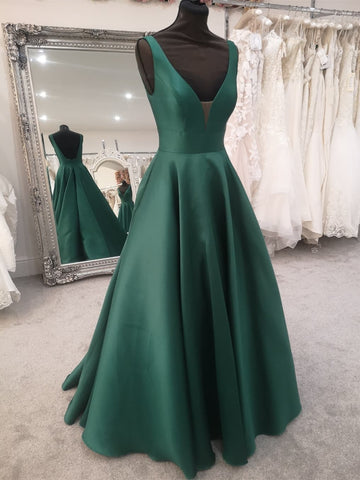 Green Satin V Neck Open Back Long Prom Dresses, V Neck Green Formal Evening Dresses SP2166