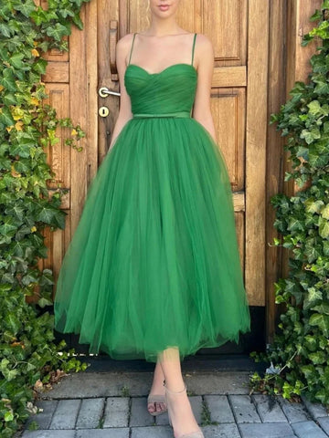 Green Tulle Tea Length Prom Dresses, Short Green Homecoming Dresses, Green Formal Evening Dresses SP2456