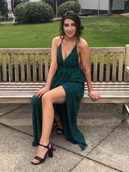 Green A Line V Neck Backless Lace Prom Dresses with High Slit, Backless Green Lace Formal Graduation Evening Dresses