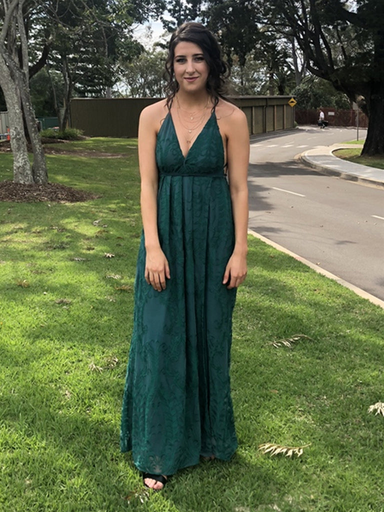 Green A Line V Neck Backless Lace Prom Dresses with High Slit, Backless Green Lace Formal Graduation Evening Dresses