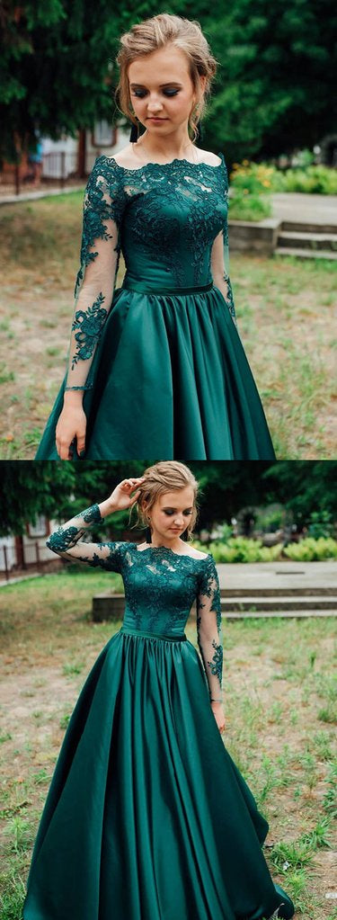 Green Long Sleeves Lace Satin Long Prom Dresses, Green Lace Formal