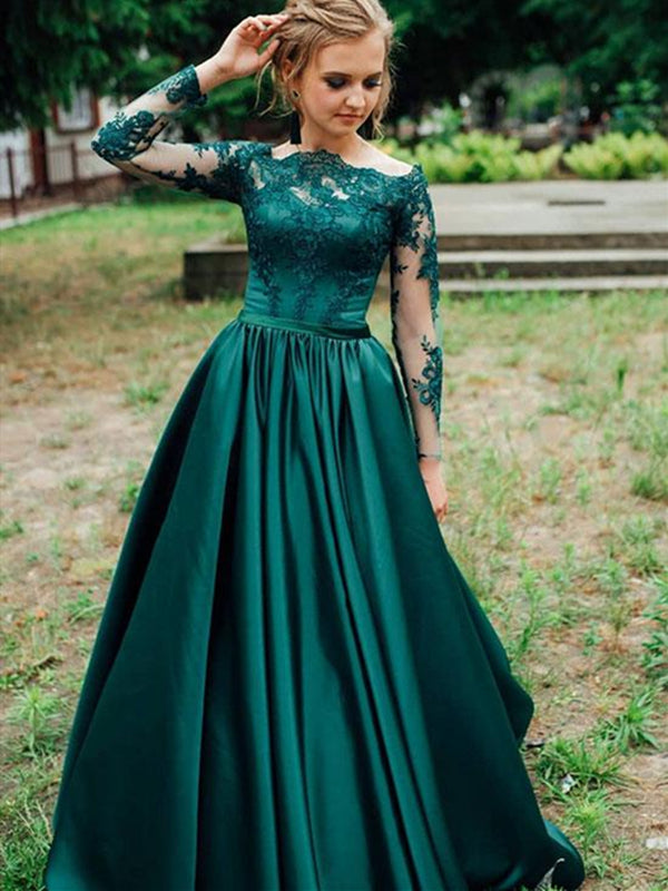 Green Long Sleeves Lace Satin Long Prom Dresses, Green Lace Formal Dresses, Green Lace Evening Dresses Green Long Sleeves Lace Satin Long Prom Dresses, Green Lace Formal Dresses, Green Lace Evening Dresses