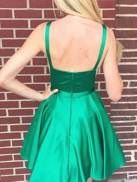 Green Satin Backless Short Prom Dresses Homecoming Dresses, Open Back Green Formal Graduation Evening Dresses, Green Cocktail Dresses