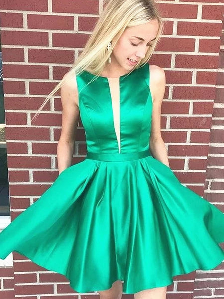 Green Satin Backless Short Prom Dresses Homecoming Dresses, Open Back Green Formal Graduation Evening Dresses, Green Cocktail Dresses