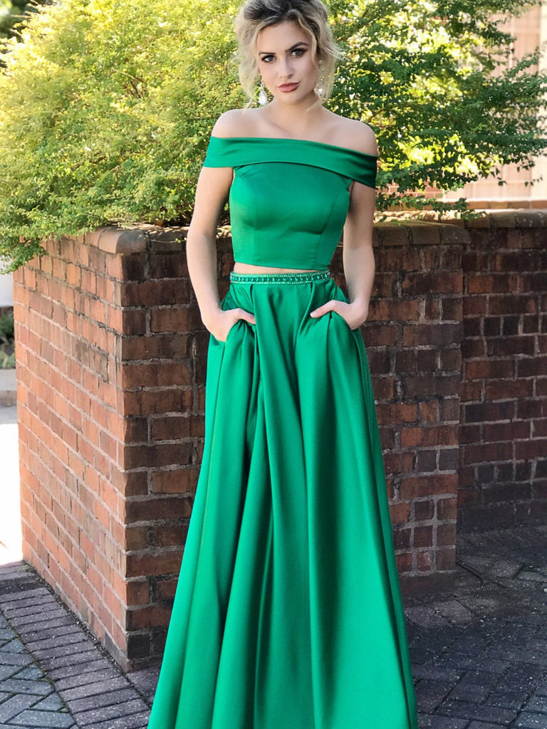 Green Two Pieces Off Shoulder Satin Long Prom Dresses with Pocket, Two Pieces Green Formal Dresses, Green Evening Dresses
