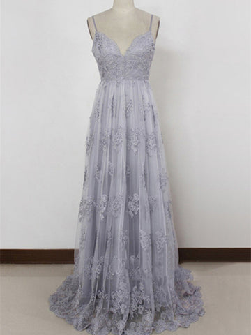 Grey A Line Sweetheart Neck Backless Lace Prom Dress, Grey Lace Formal Dress, Backless Evening Dress