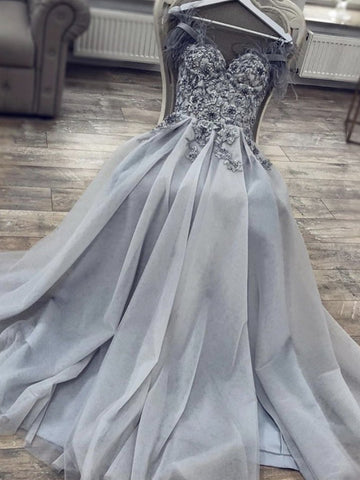 Grey Tulle Sweetheart Neck Lace Floral Long Prom Dresses, Grey Lace Floral Formal Dresses, Grey Evening Dresses