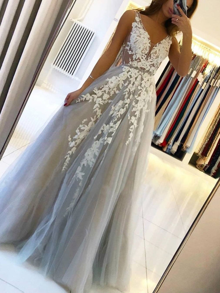 Grey Tulle V Neck White Lace Floral Long Prom Dresses, Long Grey Lace Formal Graduation Evening Dresses
