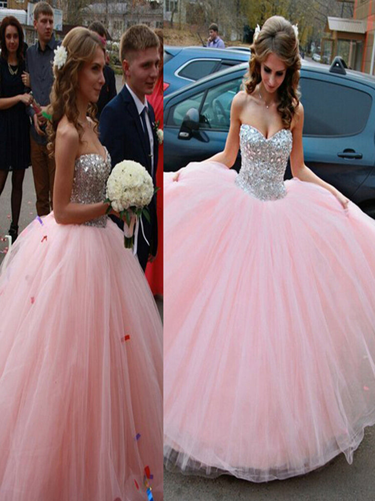 Pink Ball Gown Girls Sweet 16 , Tulle Rhinestone Long Prom Dress, Formal Dresses