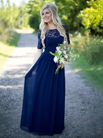 Half Sleeves Navy Blue Lace Long Prom Dresses, Navy Blue Lace Formal Dresses, Navy Blue Bridesmaid Dresses SP2174