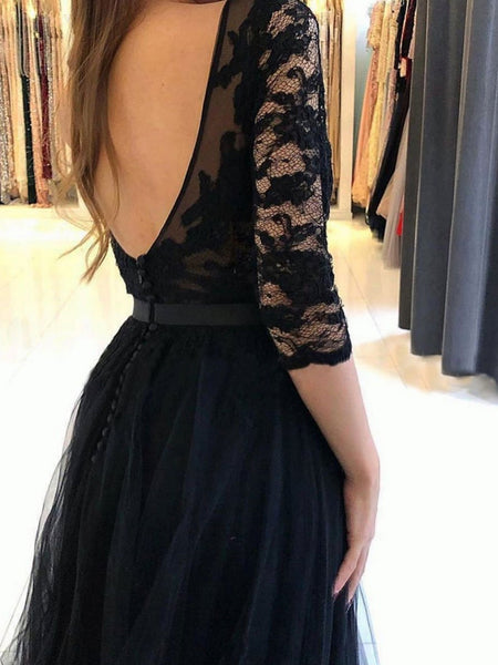 Half Sleeves Open Back Black Lace Long Prom Dresses with High Slit, Black Lace Formal Dresses, Black Evening Dresses SP2119