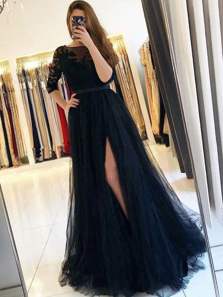 Half Sleeves Open Back Black Lace Long Prom Dresses with High Slit, Bl Shiny Party Half Sleeves Open Back Black Lace Long Prom Dresses with High Slit, Bl Shiny Party