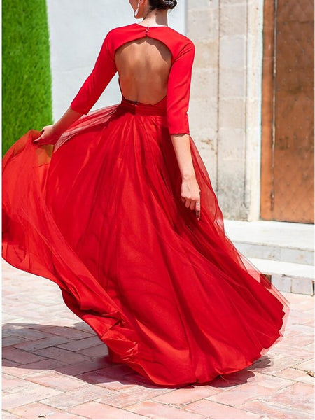 Half Sleeves Red Long Prom Dresses with High Slit, Long Red Formal Evening Dresses SP2478
