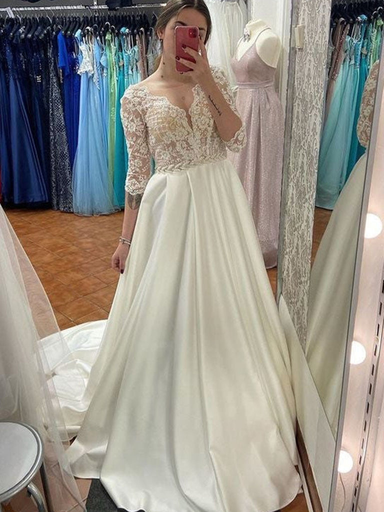 Half Sleeves V Neck Ivory Lace Top Long Prom Dresses, White Lace Formal Evening Dresses, Half Sleeve Ivory Wedding Dresses SP2195 Half Sleeves V Neck Ivory Lace Top Long Prom Dresses, White Lace Formal Evening Dresses, Half Sleeve Ivory Wedding Dresses SP2195