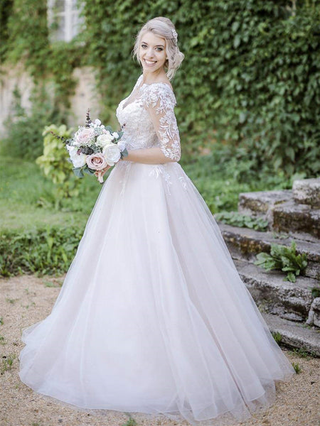 Half Sleeves V Neck White Lace Long Prom Dresses, White Lace Wedding Dresses, White Formal Evening Dresses SP2117