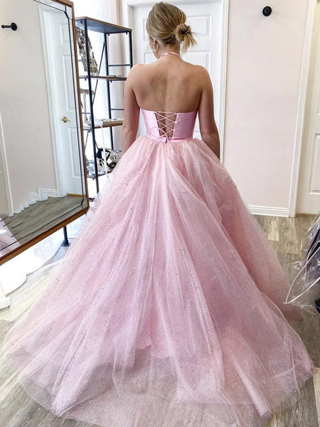 Halter Neck 2 Pieces Backless Pink Prom Dresses with Sequins, Two Pieces Pink Formal Dresses, Backless Pink Evening Dresses