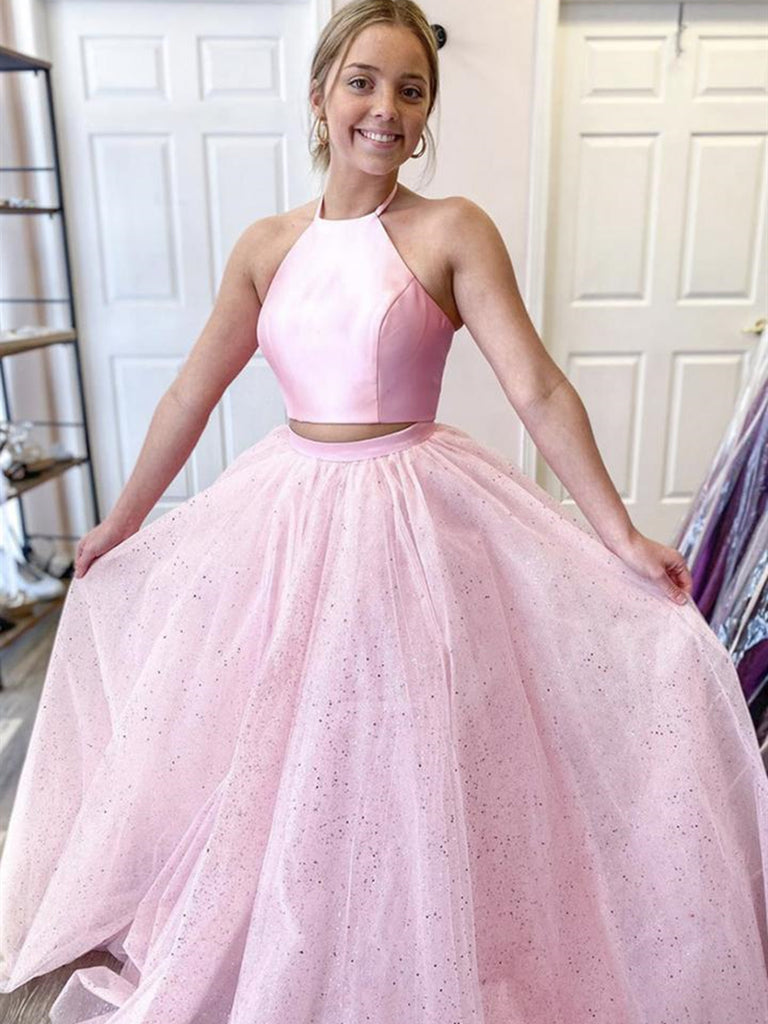 2 piece halter prom dress Bright Yellow Two Pieces Halter Neck Prom Dresses Beadings High Slit Party Dresses,MP493