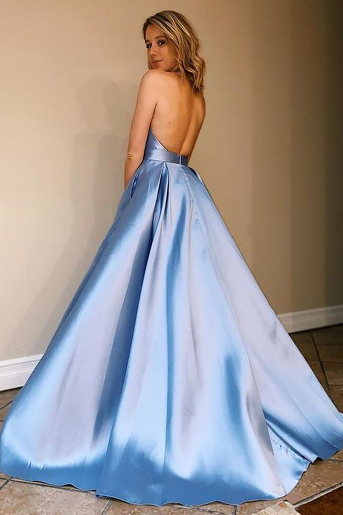Halter Neck Backless Blue Satin Long Prom Dresses with Pocket, V Neck Shiny Party Halter Neck Backless Blue Satin Long Prom Dresses with Pocket, V Neck Shiny Party