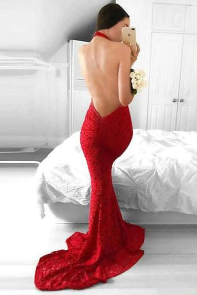 Halter Neck Backless Mermaid Red Lace Long Prom Dresses, Mermaid Red Formal Dresses, Red Lace Evening Dresses SP2281