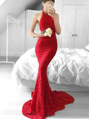 Halter Neck Backless Mermaid Red Lace Long Prom Dresses, Mermaid Red Formal Dresses, Red Lace Evening Dresses SP2281