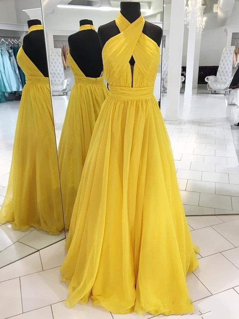 Halter Neck Backless Yellow Long Prom Dresses, Open Back Yellow Formal Dresses, Yellow Evening Dresses SP2107 Halter Neck Backless Yellow Long Prom Dresses, Open Back Yellow Formal Dresses, Yellow Evening Dresses SP2107