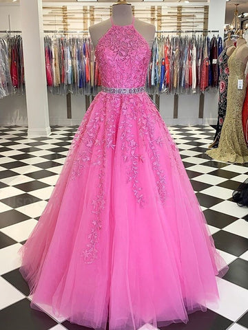 Halter Neck Long Pink Lace Prom Dresses with Belt, Pink Lace Formal Dresses, Pink Evening Dresses