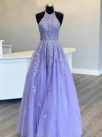 Halter Neck Long Purple Lace Prom Dresses, Purple Lace Formal Graduation Evening Dresses