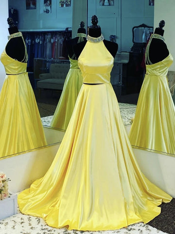 Halter Neck Open Back 2 Pieces Yellow Satin Long Prom Dresses, Backless Two Piece Yellow Formal Graduation Evening Dresses