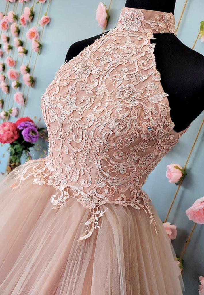 Halter Neck Open Back Champagne Lace Short Prom Dresses, Champagne Lac Shiny Party Halter Neck Open Back Champagne Lace Short Prom Dresses, Champagne Lac Shiny Party