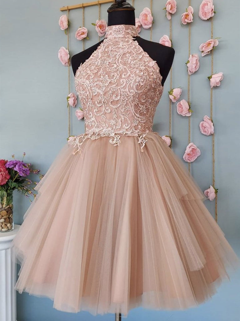Halter Neck Open Back Champagne Lace Short Prom Dresses, Champagne Lac Shiny Party Halter Neck Open Back Champagne Lace Short Prom Dresses, Champagne Lac Shiny Party