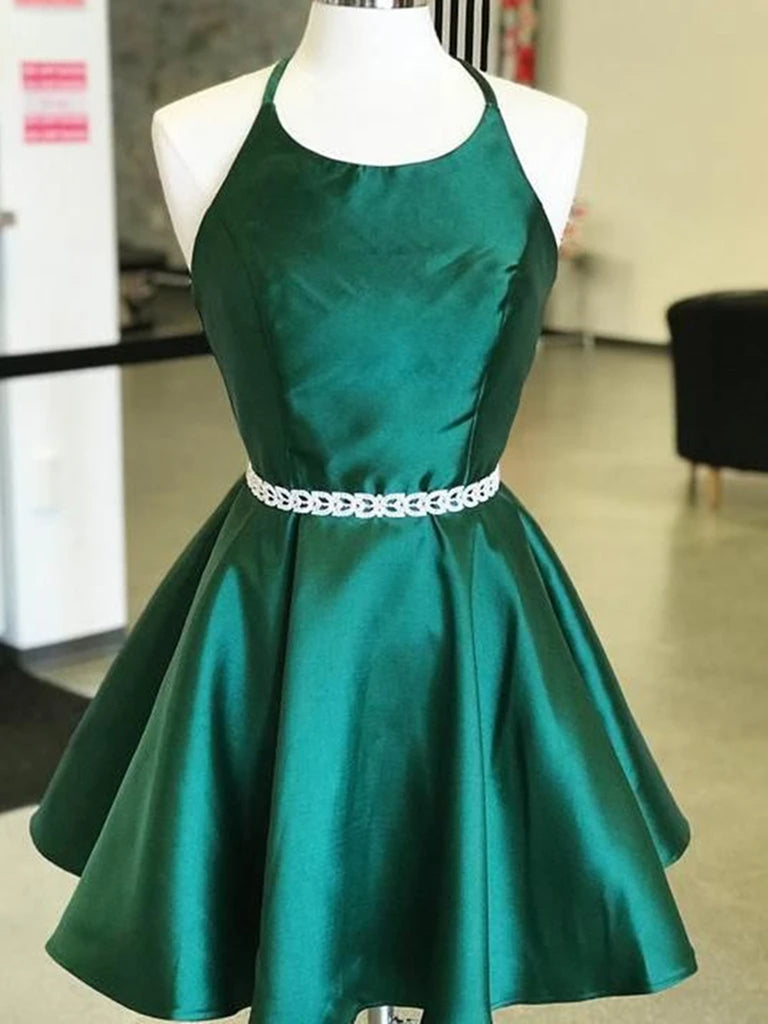 Halter Neck Short Emerald Green Prom Dresses with Belt, Short Emerald Shiny Party Halter Neck Short Emerald Green Prom Dresses with Belt, Short Emerald Shiny Party