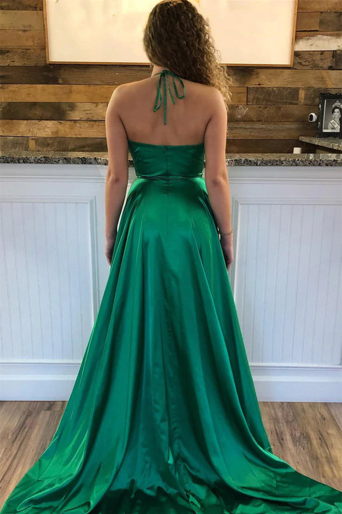 Halter V Neck Backless Green Satin Long Prom Dresses with High Slit, B Shiny Party Halter V Neck Backless Green Satin Long Prom Dresses with High Slit, B Shiny Party