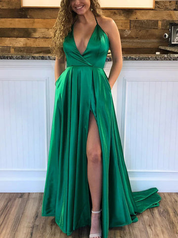 Strapless Backless Emerald Green Long Prom Dresses with Pocket, Backless  Emerald Green Formal Graduation Evening Dresses