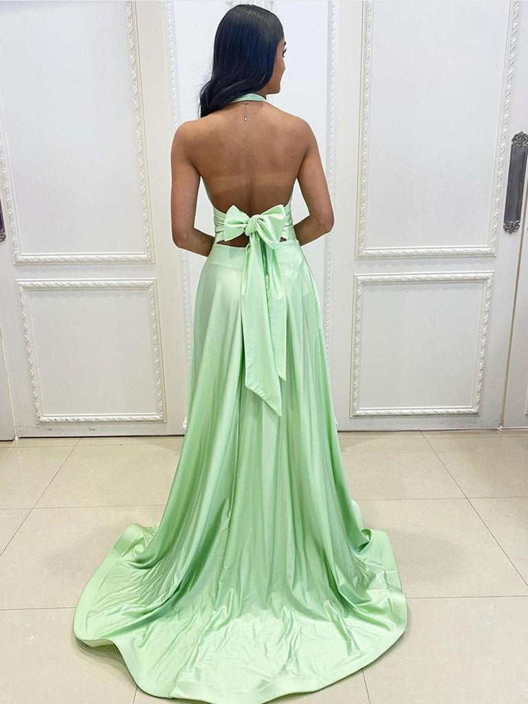 Halter V Neck Backless Sage Long Prom Dresses with High Slit, Backless Shiny Party Halter V Neck Backless Sage Long Prom Dresses with High Slit, Backless Shiny Party