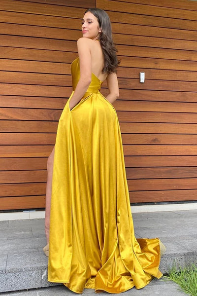 Halter V Neck Backless Yellow Long Prom Dresses with High Slit, Backless Yellow Formal Graduation Evening Dresses SP2075