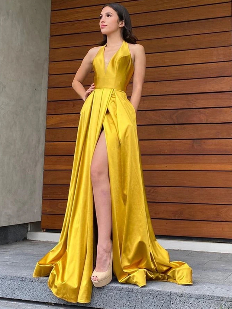 Glitter Pleated Yellow Evening Dressing Gowns Arabic Style Plus Size Custom  Made High Slit Sexy Women Prom Dresses - AliExpress