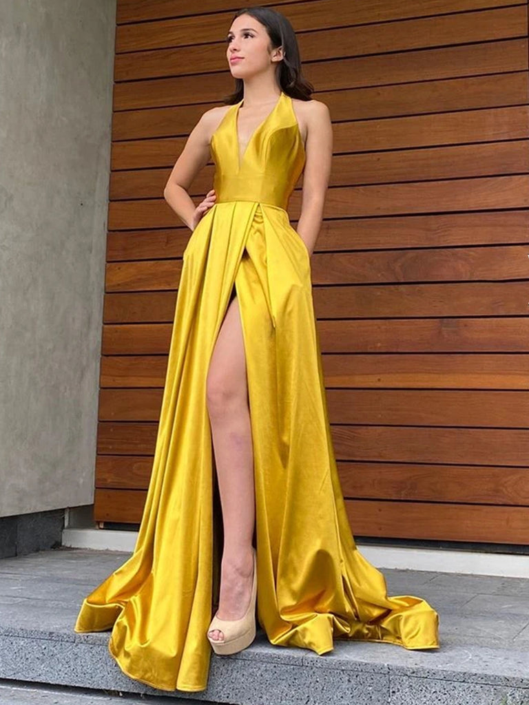 Halter V Neck Backless Yellow Long Prom Dresses with High Slit, Backle Shiny Party Halter V Neck Backless Yellow Long Prom Dresses with High Slit, Backle Shiny Party