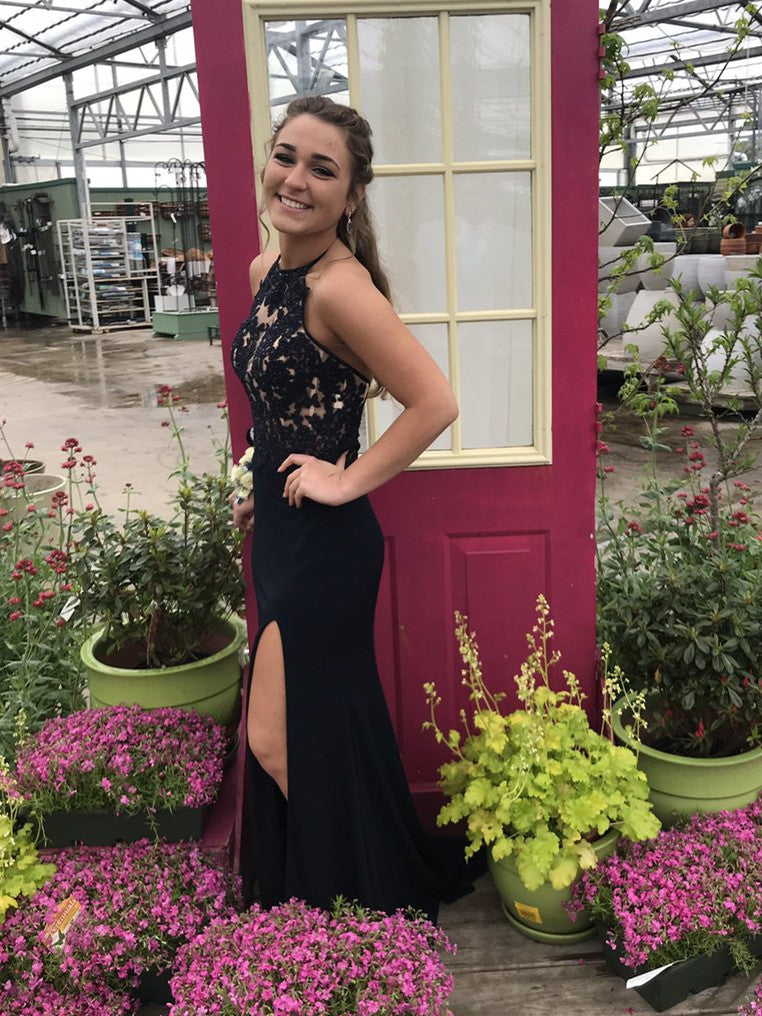 Halter Neck Mermaid Backless Lace Black Prom Dresses with Leg Slit, Black Lace Graduation Dresses, Formal Dresses, Evening Dresses Halter Neck Mermaid Backless Lace Black Prom Dresses with Leg Slit, Black Lace Graduation Dresses, Formal Dresses, Evening Dresses