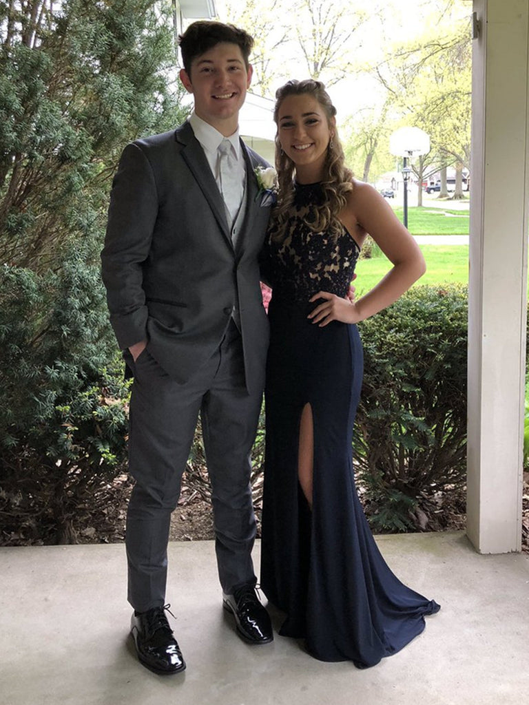 Halter Neck Mermaid Backless Lace Black Prom Dresses with Leg Slit, Bl Shiny Party Halter Neck Mermaid Backless Lace Black Prom Dresses with Leg Slit, Bl Shiny Party