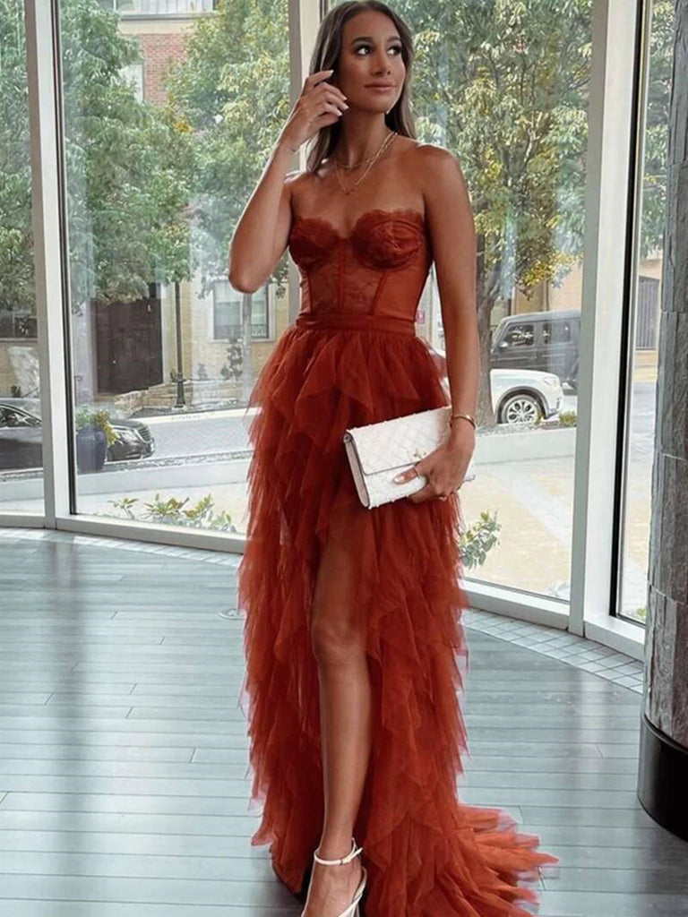 High Low Layered Ruffle Burgundy Tulle Long Prom Dresses, Ruffle Burgundy Formal Graduation Evening Dresses SP2297 High Low Layered Ruffle Burgundy Tulle Long Prom Dresses, Ruffle Burgundy Formal Graduation Evening Dresses SP2297