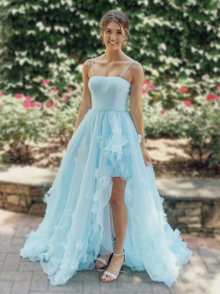 High Low Light Blue Floral Long Prom Dresses, High Low Blue Formal Eve Shiny Party High Low Light Blue Floral Long Prom Dresses, High Low Blue Formal Eve Shiny Party