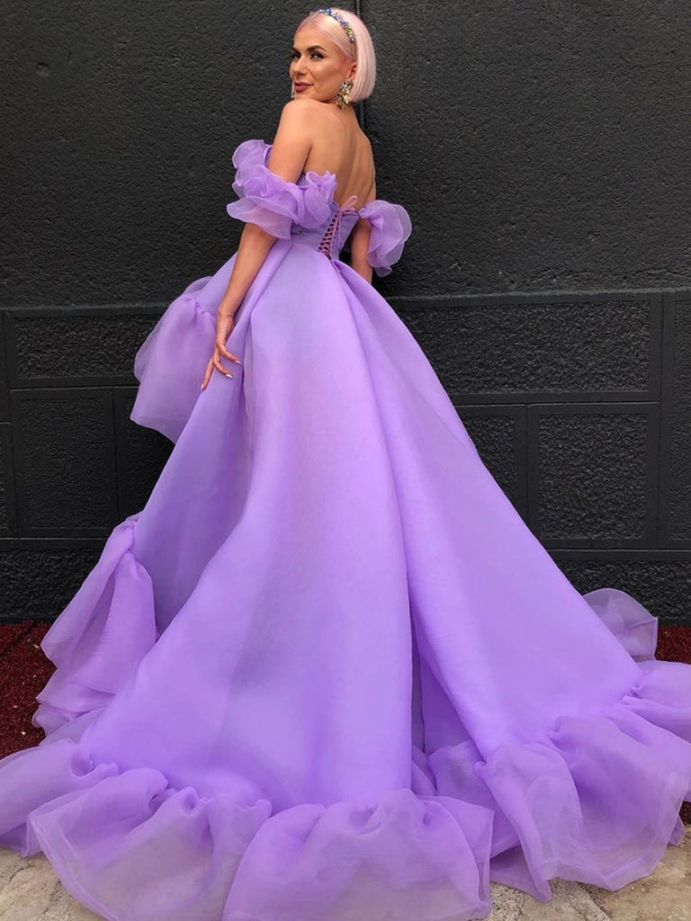 purple prom dresses high low Purple tulle high low prom dress, purple evening dress