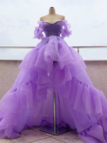 High Low Off Shoulder Purple Tulle Long Prom Dresses, High Low Purple Formal Dresses, Long Purple Evening Dresses SP2185
