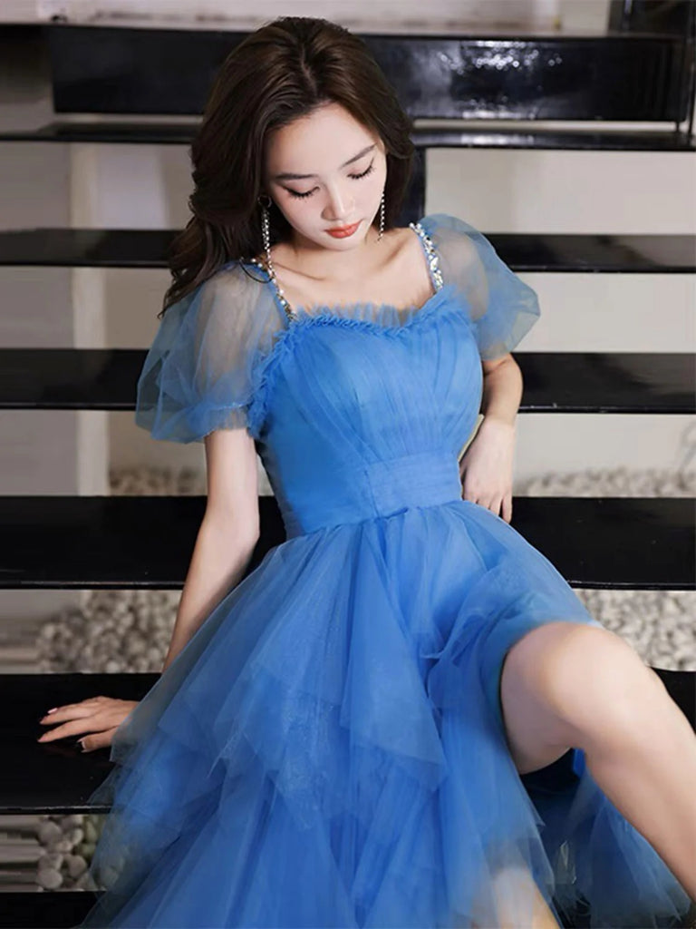 High Low Short Sleeves Layered Blue Tulle Long Prom Dresses, High Low Blue Formal Dresses, Blue Evening Dresses SP2610 High Low Short Sleeves Layered Blue Tulle Long Prom Dresses, High Low Blue Formal Dresses, Blue Evening Dresses SP2610