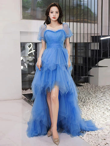 High Low Short Sleeves Layered Blue Tulle Long Prom Dresses, High Low Blue Formal Dresses, Blue Evening Dresses SP2610