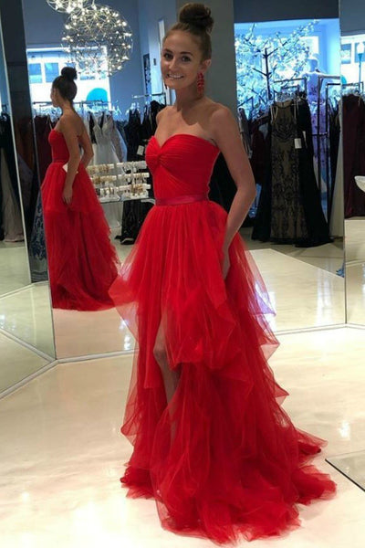 High Low Strapless Champagne/Red Tulle Long Prom Dresses, Long Champagne/Red Formal Graduation Evening Dresses