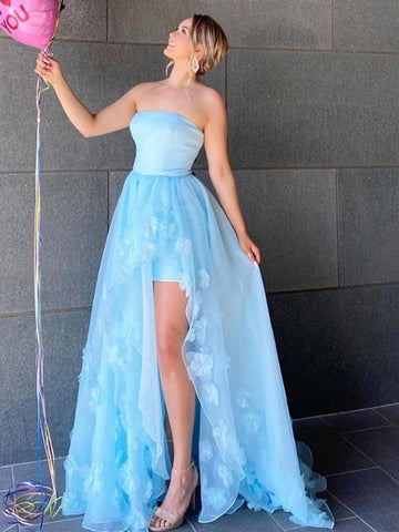 High Low Strapless Light Blue Floral Long Prom Dresses with Slit, High Slit Light Blue Formal Evening Dresses