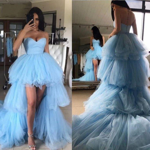 High Low Strapless Light Blue Tulle Long Prom Dresses with Train, High Low Light Blue Formal Evening Dresses