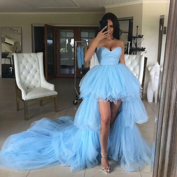 High Low Strapless Light Blue Tulle Long Prom Dresses with Train, High Low Light Blue Formal Evening Dresses